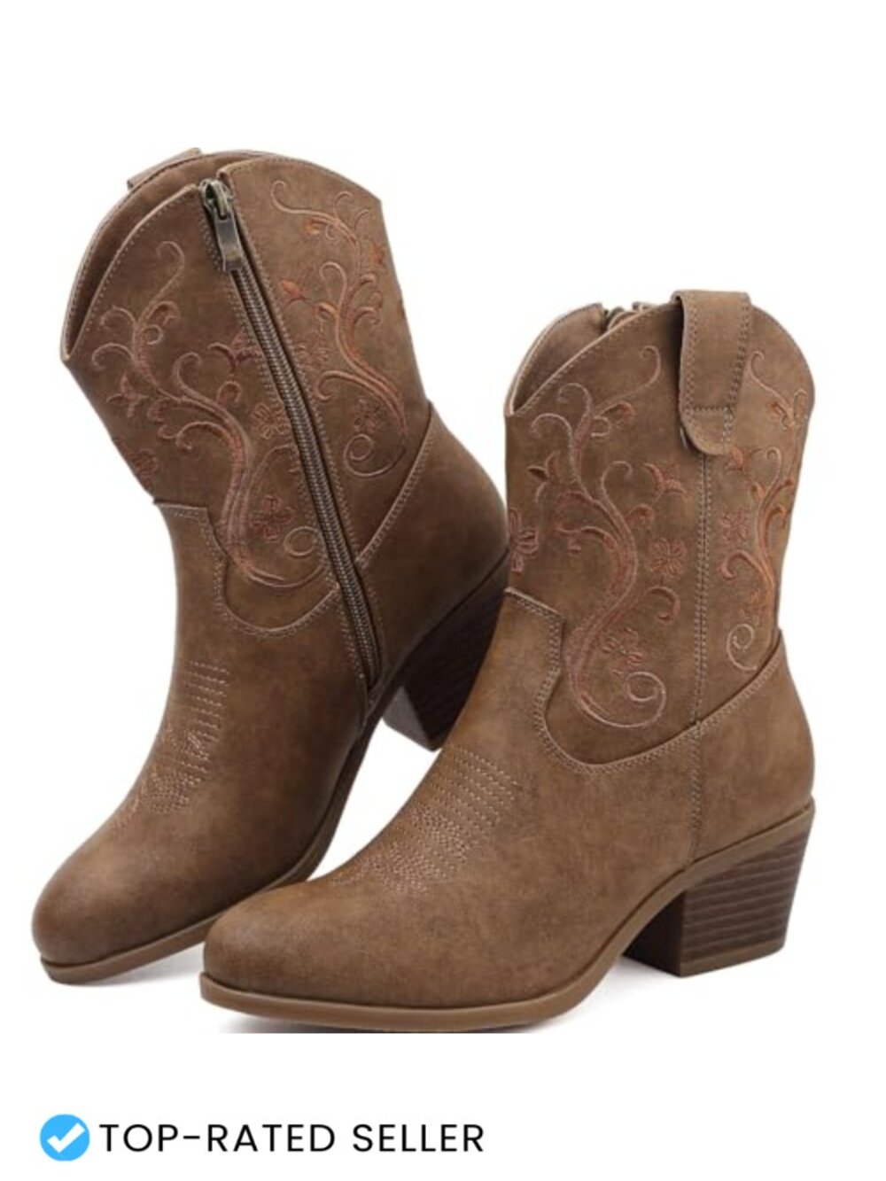 Women's Cowboy Boots Short Shaft Side Zip Floral Embroidered Faux Leather Block